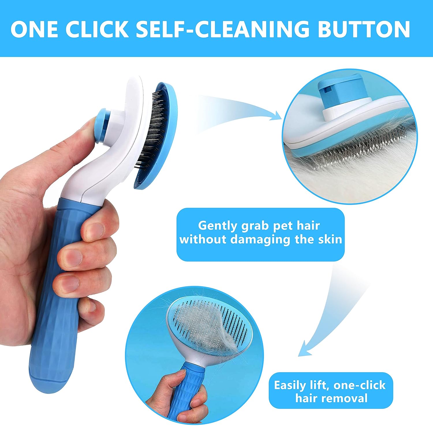 UD AUPHTIR Self-Cleaning Slicker Brush for Dogs and Cats - Effective Grooming Tool for Shedding Long and Short Haired Pets, Blue